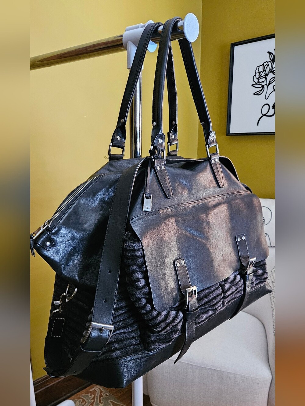 John Varvatos Luxury Collection Black Leather Duffle Travel Bag **OVERSIZED**